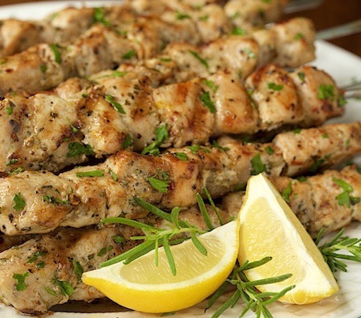 Chicken Skewers with lemon, garlic, ginger and rosemary.